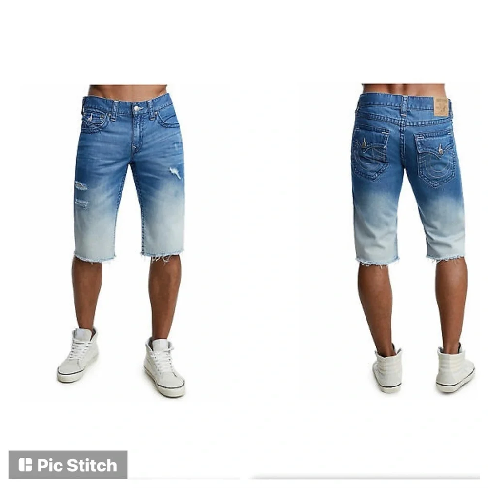 True Religion Men's Cut-Off Jean Shorts w/ Flaps & Rips in Moving Indigo size 38